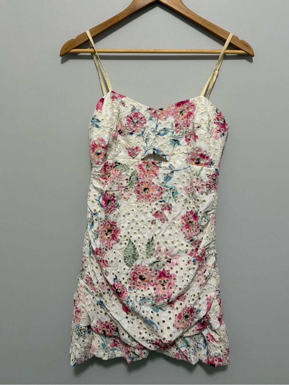 Feminine Flirty Floral Cream Eyelet Ruched Summer Mini Dress